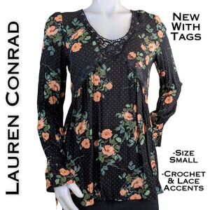 NEW Lauren Conrad Boho Horizon Cottagecore Black Peach Floral Crochet Top Small